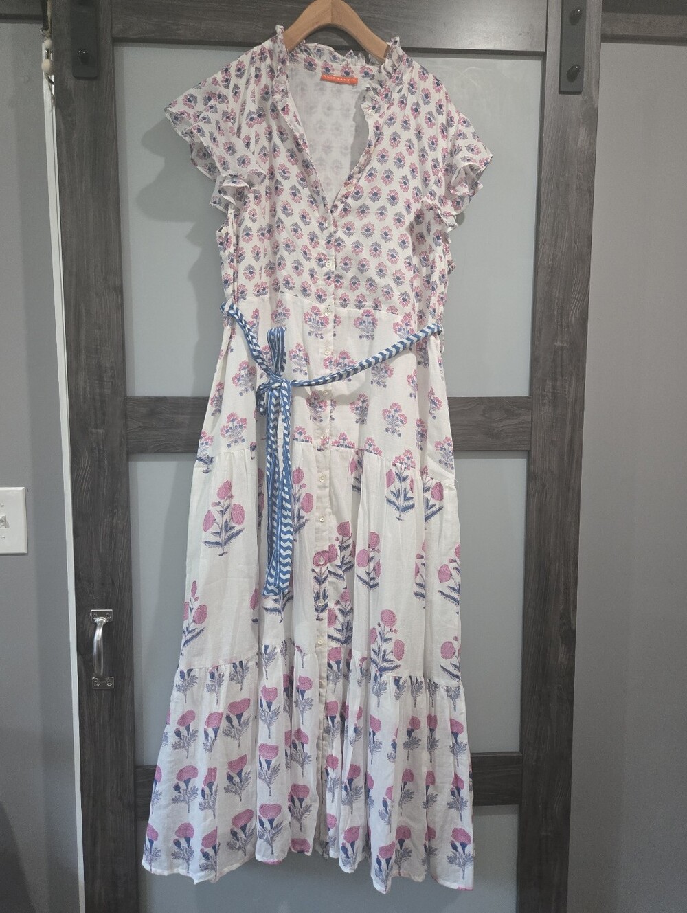 Oliphant Ruffle Collar Button Maxi Dress in Pink with blue belt  100% cotton XL